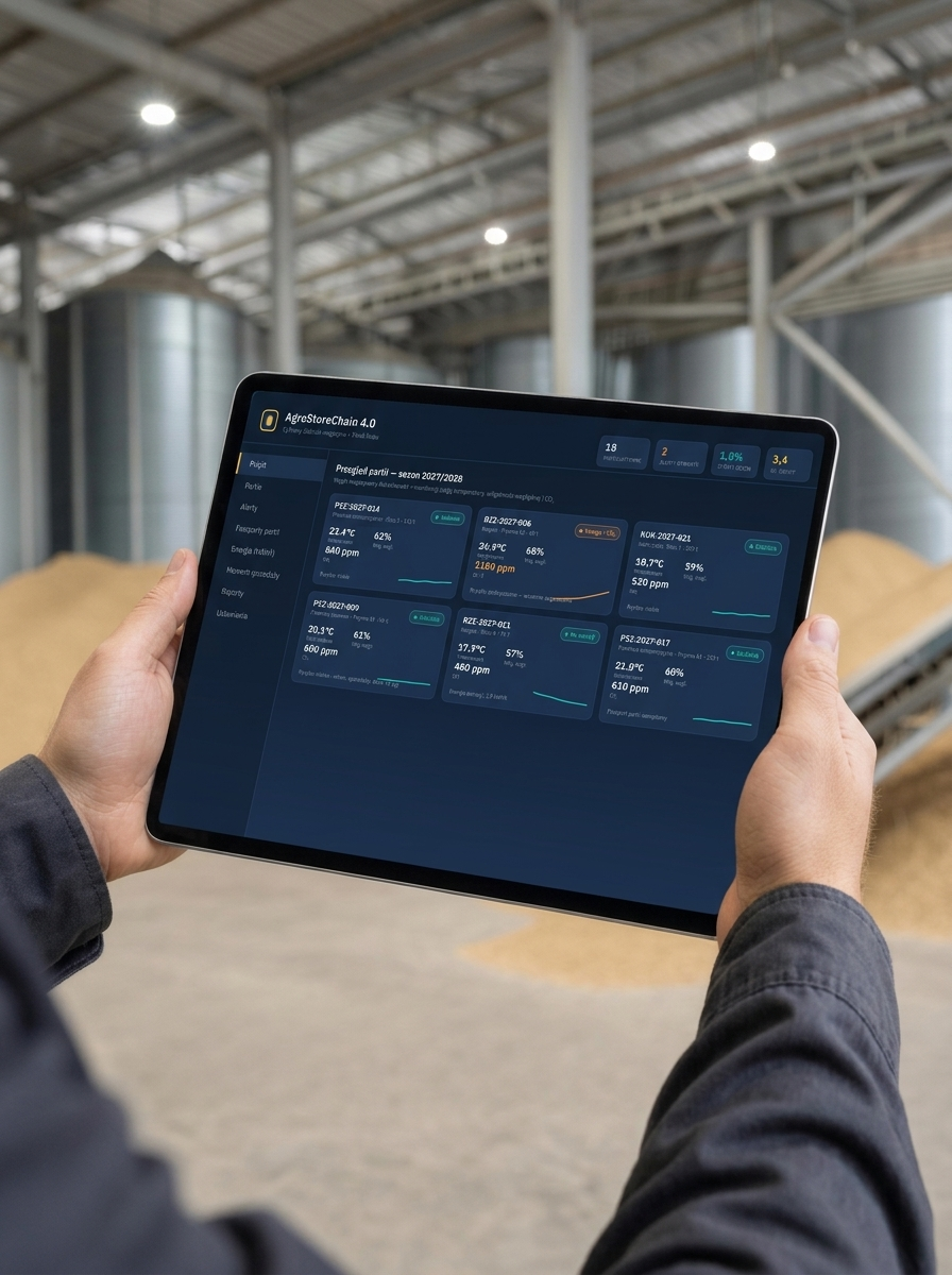 Dashboard AgroStoreChain 4.0 na tablecie operatora w magazynie-hubie
